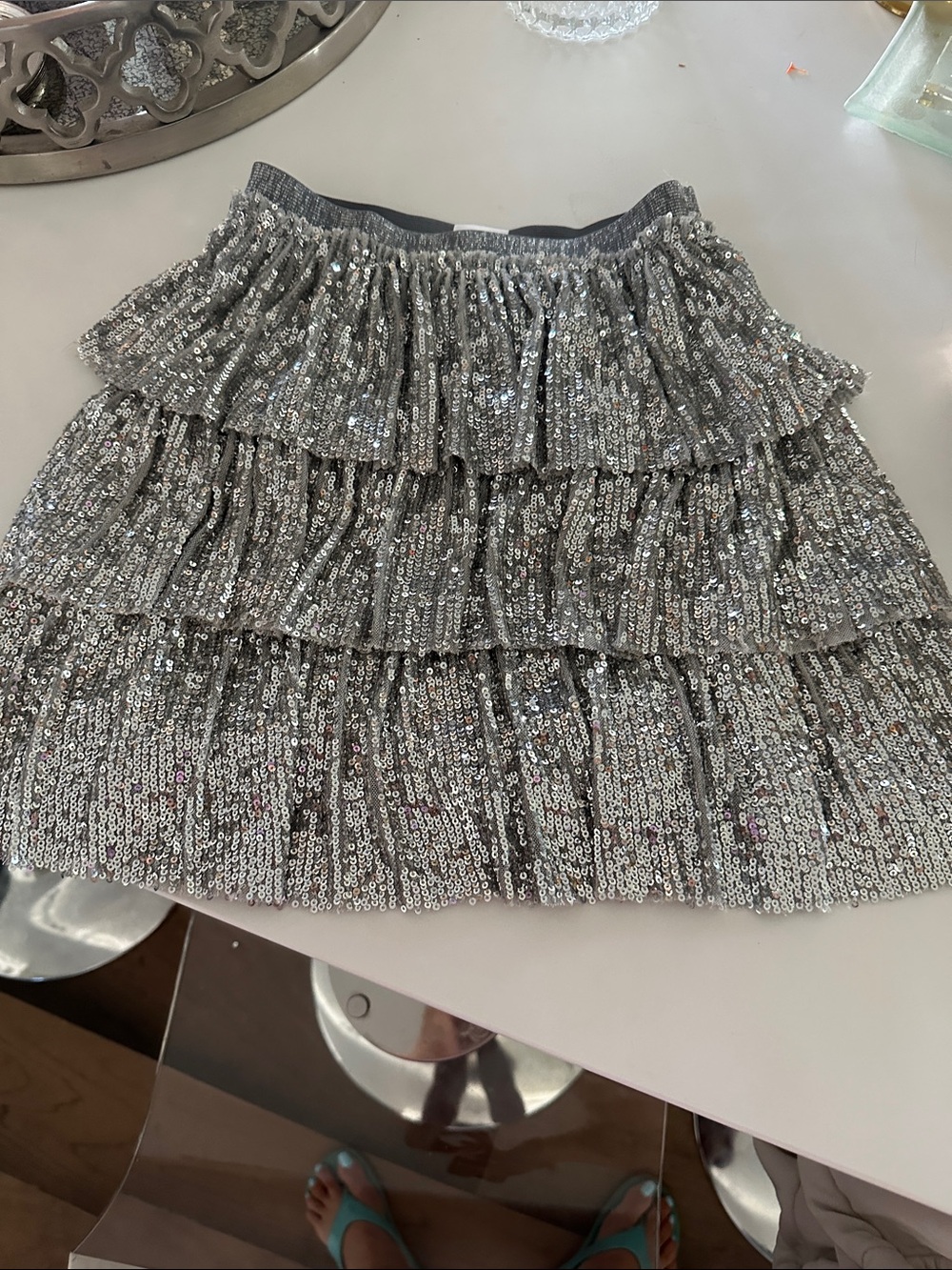 Zara Silver Sequin Tiered Ruffle Mini Skirt